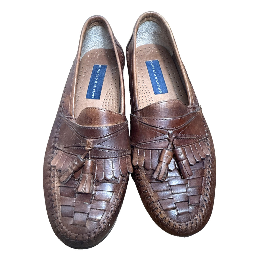 Giorgio Brutini Tassel Loafers Brown Leather Kiltie Size 8 M Woven Moc Toe EUC